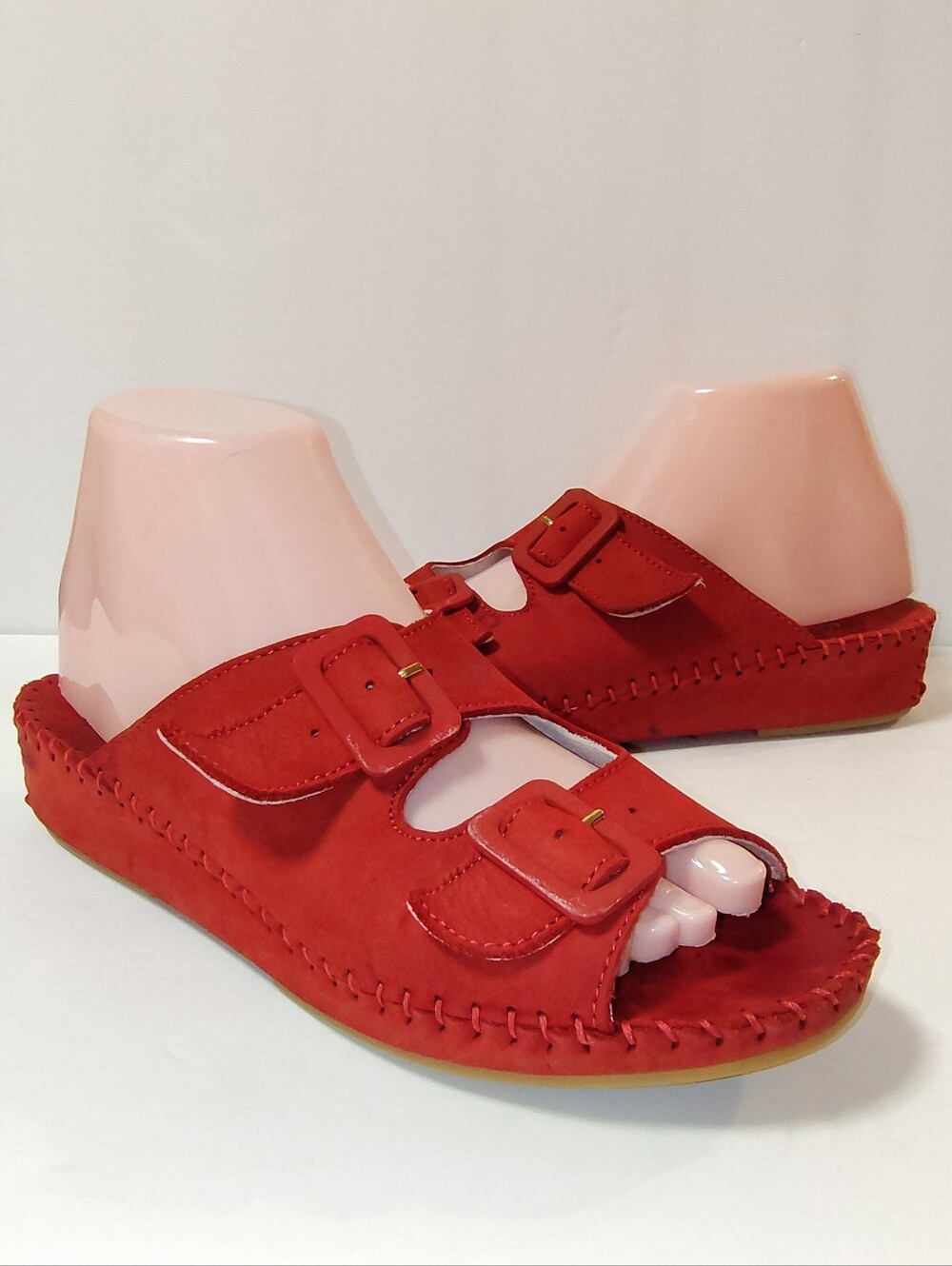 La Plume Women's Jen Double-Buckle Slide Sandal in Red Nubuck Made In Italy 38